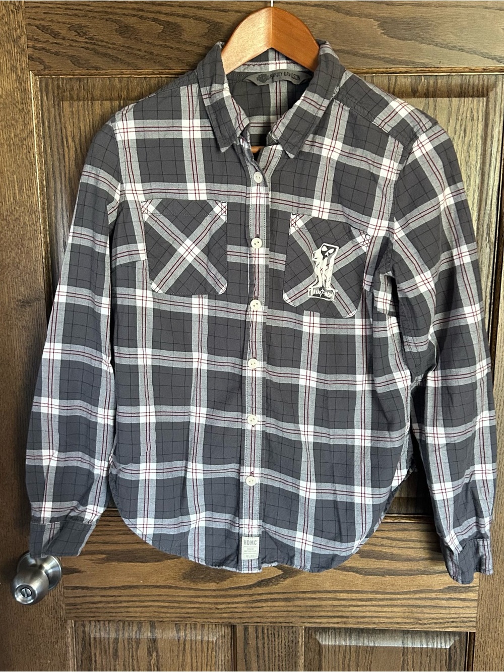 Harley-Davidson Gray Plaid Button-Down Shirt with White and Red Accents